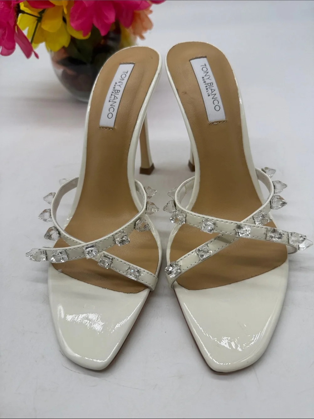 Tony Bianco Duo White Patent Crystal-Strap High Heel Mules Size 6.5 MCH10106G